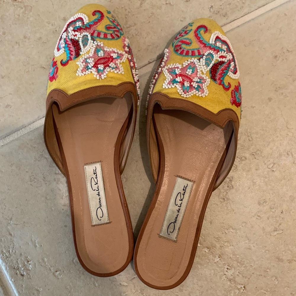 Oscar de la Renta Embroided Canvas Slippers